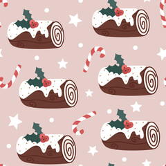 cute cartoon holidays winter seamless vector pattern illustration with yule log cake dessert, candy cane, stars and snow on pink background