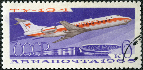 USSR - 1965: shows Tupolev Tu-134 Crusty at Sheremetyevo Airport in  Moscow, series Civil Aviation, 1965