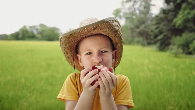 Hungry kid eats an apple with great pleasure. Portrait of a guy in a straw hat holding a large apple on a nature background. The right snack. Healthy lifestyle.
