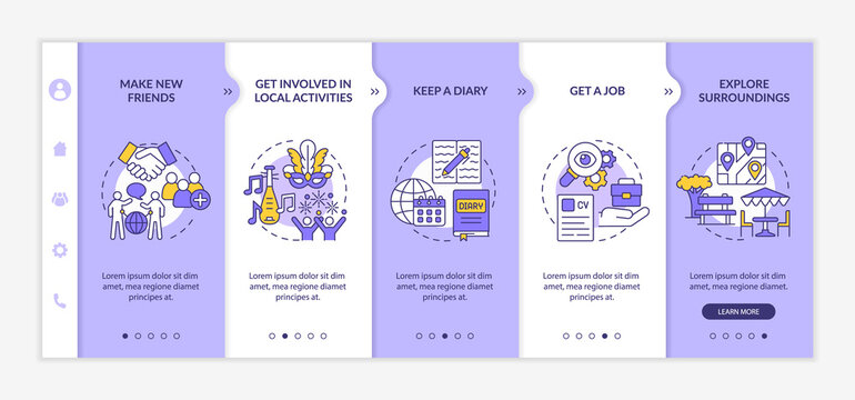 Adjusting to living abroad onboarding vector template. Responsive mobile website with icons. Web page walkthrough 5 step screens. Living in foreign country color concept with linear illustrations