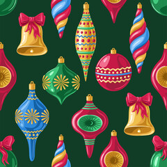 Christmas toys on green background. Seamless pattern.Texture for fabric, wrapping, wallpaper