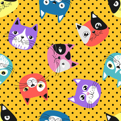 Funny cartoon cats. Seamless pattern.Texture for fabric, wrapping, wallpaper. Decorative print	
