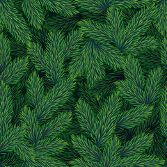Naklejka na ściany i meble Заголовок Fluffy branches of a Christmas tree. Green coniferous background. Christmas seamless pattern.Texture for fabric, wrapping, wallpaper