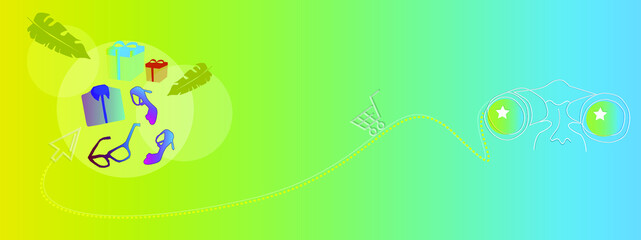 Online shopping themed background concept. The person looking through the binoculars is eager to shop. online sales and customer relations