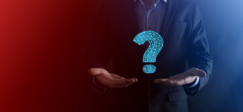 Question mark. 3d abstract on dark background with dots and stars. Ask symbol. Help support, faq problem symbol, think education concept, confusion search illustration or background.Business man