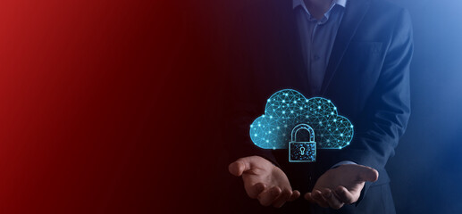 Cloud technology. Polygonal wireframe cloud storage sign with padlock on dark blue. Cloud computing, big data center, future infrastructure, digital ai concept. Virtual hosting symbol