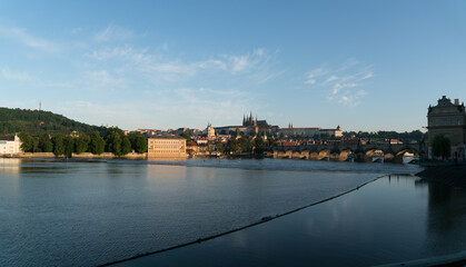 Prague day panorama and reflection in the river