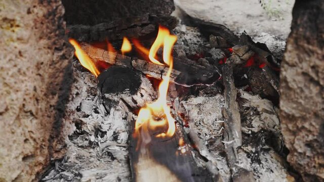 Fireplace. Burning Fire. Real wood logs. Camping. Keeping warm. Tongues of flame engulfed the log.