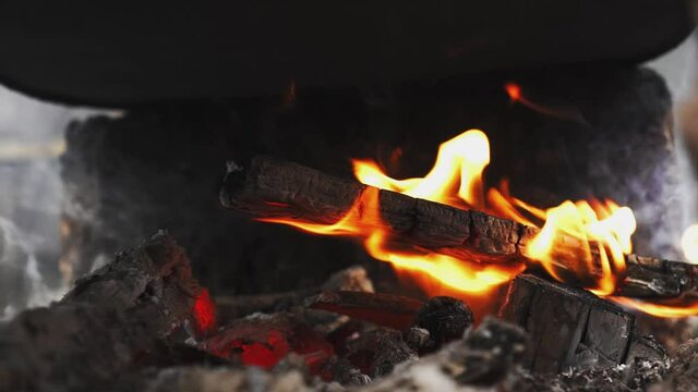 Fireplace. Burning Fire. Real wood logs. Camping. Keeping warm. Tongues of flame engulfed the log.