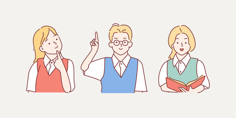 Set of pupils. Back to school concept. Group of young men and women students teenagers, pupils with books. School life. Education, learning, study process. Simple flat vector