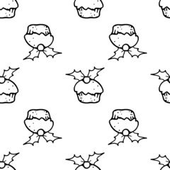 seamless pattern of a Christmas cake with icing with berries and holly leaves. seamless pattern of a small dessert, arranged in the right order on white for a New Year's design template