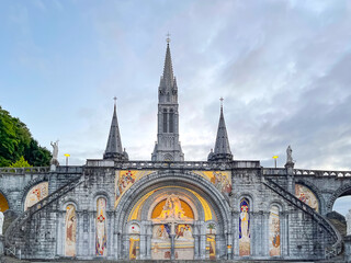 Nice View of the cathedral basilica in Lourdes, France at sunset