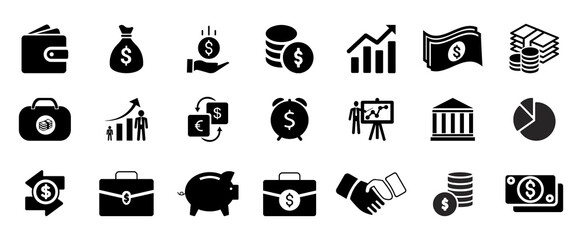 Money icon. Finance icons. Business Icons, money signs. Money silhouette collection. Wallet with cards icon. Coins silhouette icon. Growth chart.