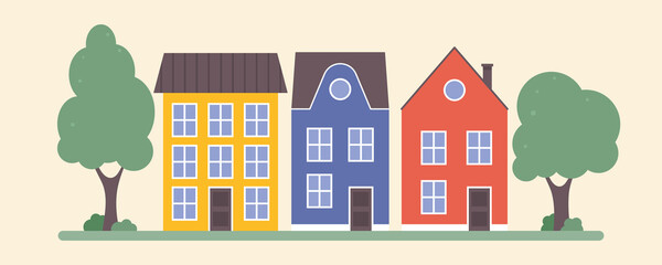 Set of modern colorful houses in Amsterdam style. Concept for renting apartments and houses. Vector suburban houses. Architectural background for banner.