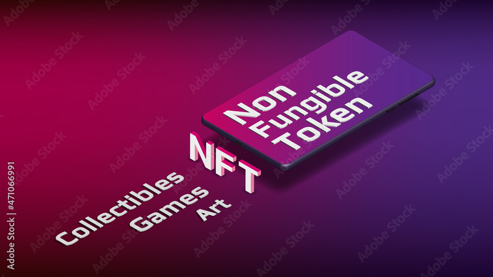 Wall mural nft non fungible token isometric text on mobile phone on red purple background. new class of coins. 