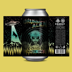 Custom Beer Label Design. Beer Label With the Night Sky With Stars, UFO spaceship, and Alien Holding Beer Glasses.