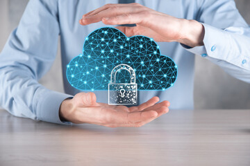 Cloud technology. Polygonal wireframe cloud storage sign with padlock on dark blue. Cloud...