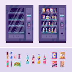 Colorful vector vending machine full of snacks and beverages. Empty equipment with collection of elements. Cartoon set of snack, can, sandwich, burger, candy, chocolate bar, soda. Front view.