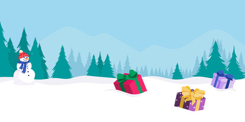 Christmas landscape with fir trees, mountains, gift boxes, and snowman.Winter holidays celebration template. Cartoon vector illustration, poster, wallpaper, flyer, banner in flat style.