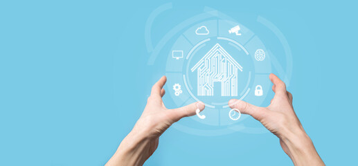 Hand hold house icon.Smart home controlled, intelligent house, and home automation app concept.Pcb...