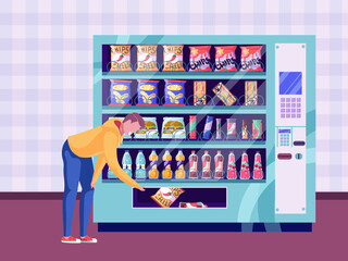 Hungry character use vending machine to choose snack for business lunch. Man buying fast food chips, sandwich, chocolate bar, sprite, soda, cola, fanta, candy to eat. Cartoon vector illustration