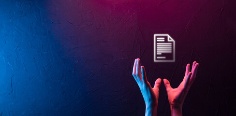 Male hand holding a document icon on blue background. Document Management Data System Business Internet Technology Concept. Corporate data management system DMS