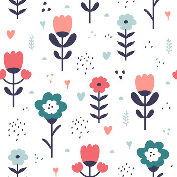 Hand drawn floral elements seamless pattern. Different flowers and herbs in Scandinavian style. Blooming summer meadow flat vector background. Botanical wrapping paper print design, wallpaper, textile