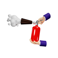 Naklejka premium 3D red fire extinguisher in hands, extinguish fires foam from nozzle, protection from flame, isolated illustration on a white background, 3D rendering