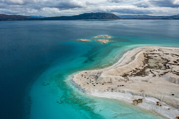 Aerial view shot Salda Lake of Burdur, Turkey.