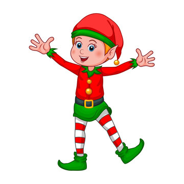 Smiling Christmas elf. Cartoon little gnome in costume and cap isolated on white background. Cute character Santa Claus helper elf. Happy New Year and Merry Christmas icon. Vector illustration.
