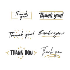 Thank You lettering compositions written with decorative calligraphic font. Bundle of gratitude phrase decorated with cute elements. Hand drawn thanks vector quotes.