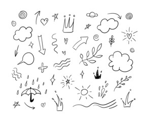 doodle hand drawn abstract drawings illustration, black lines isolated, abstract shapes.