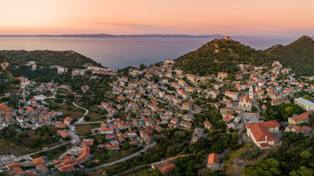 Panoramic Aerial view of Lastovo, a small town on hill top near the coastline, Dubrovnik province, Croatia.