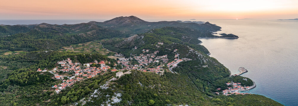 Aerial view of Lastovo town, on Lastovo island, view of the endless and wild coastline at sunset, Dubrovnik province, Croatia.