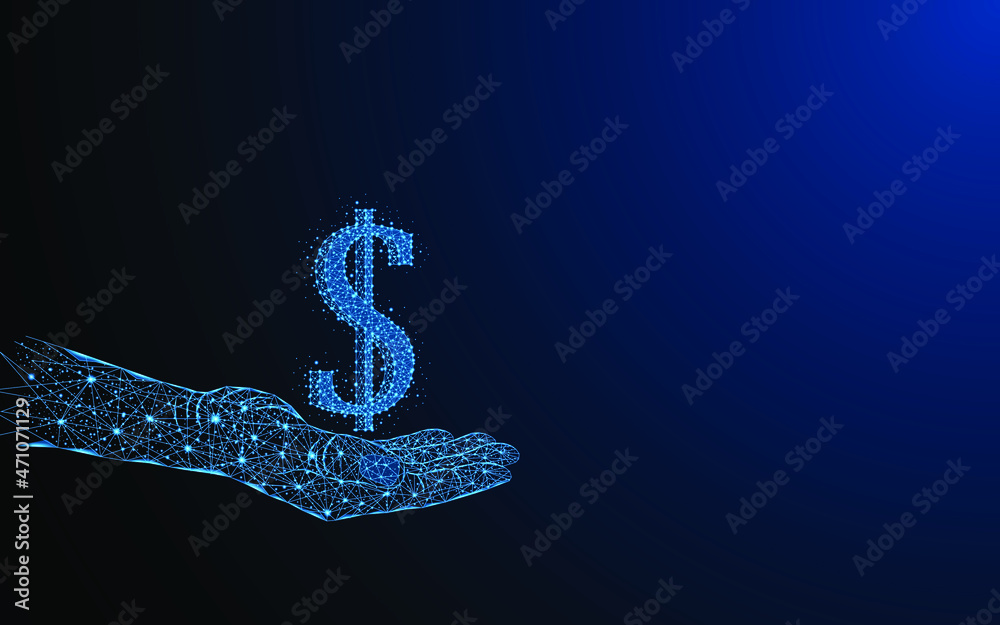 Aufkleber Abstract hand holding dollar icon. Currency symbol or money concept. Digital low poly wire mesh style design with connection points. Vector illustration.
