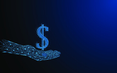 Abstract hand holding dollar icon. Currency symbol or money concept. Digital low poly wire mesh style design with connection points. Vector illustration.
