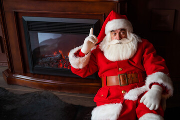 Portrait of Santa Claus sitting by the fireplace for Christmas