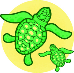 Round emblem, two green turtles. Vector. World turtle day