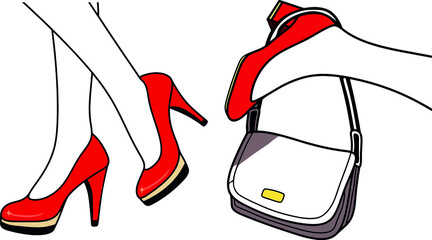 Fashion illustration, female legs in red shoes, vector