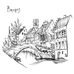 Vector Urban sketch of Bruges canal Steenhouwers with the Belfry and beautiful medieval houses, Belgium