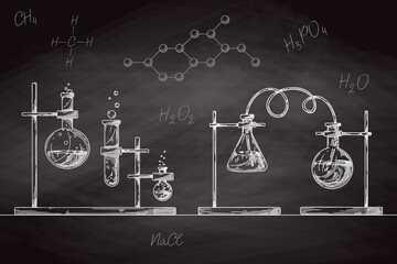Sketch of chemical laboratory objects. Glassware for a chemical experiment on a chalk board. Vector pharmaceutical flasks, beakers and test tubes.