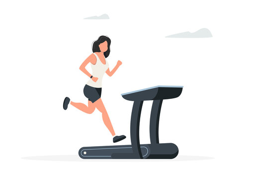 The girl running on a treadmill. Fitness concept.. Vector illustration in modern style
