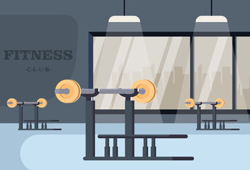 Barbell, treadmill, room with big window, colorful vector illustration in modern flat style