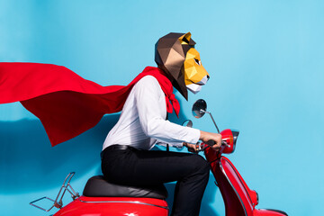 Profile side photo of bizarre incognito hero guy in lion mask ride motorcycle safe world isolated...