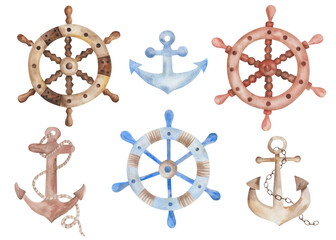 Watercolor illustration of hand painted steering wheels, anchors for old pirate ship, vessel, boat for sea and ocean. Marine clip art elements for fabric textile, clothes print, summer design cards © Olga Sidelnikova