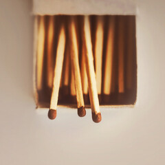 In a simple open cardboard matchbox there are wooden matches with brown sulfur heads. Flammable items. Household items.