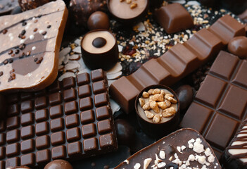 Various chocolates and candies, sweet confectionary collection, dessert background, selective focus, shallow DOF