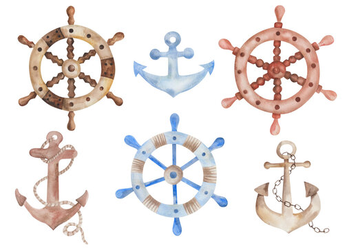 Watercolor illustration of hand painted steering wheels, anchors for old pirate ship, vessel, boat for sea and ocean. Marine clip art elements for fabric textile, clothes print, summer design cards