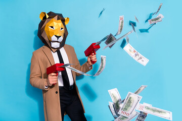 Profile side photo of weird creative lion character man shoot money jackpot credit pistol isolated...