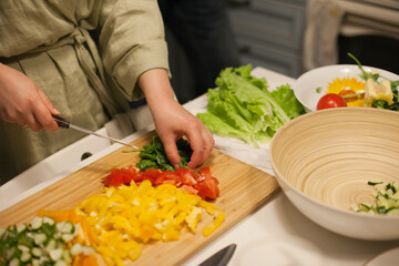 person cutting vegetables preparing a salad 
